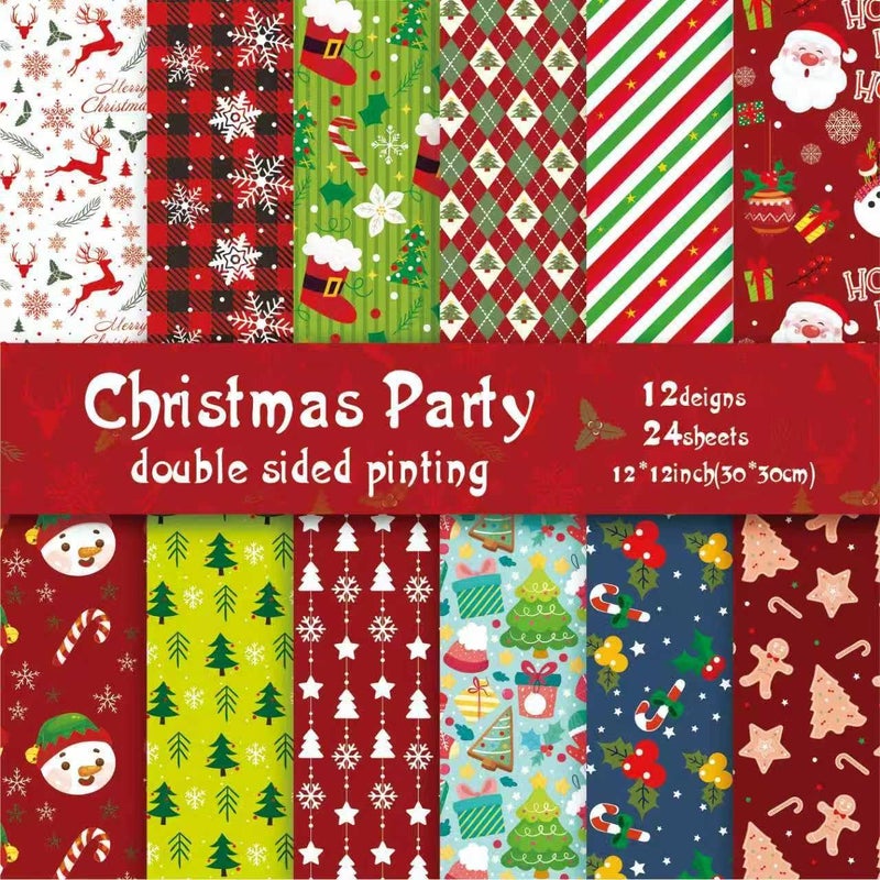 WLXTREE Christmas Scrapbook Paper 12 x12 Double Sided - 12 Designs 24 Sheets Printing Pattern Decoupage Decorative Craft Paper Pad for Junk Journals Bullet Journal Card Making Background - Image 1